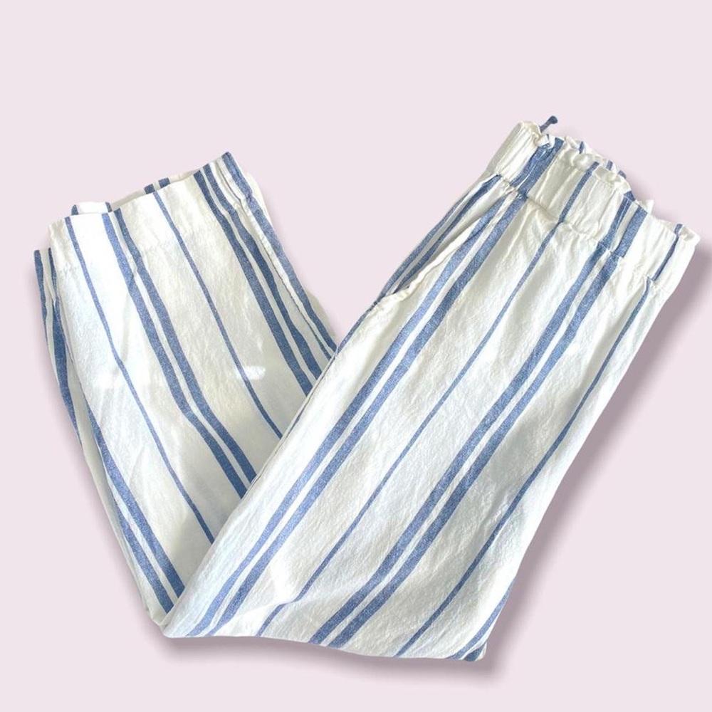 H&M grey/navy striped flowy linen casual pants